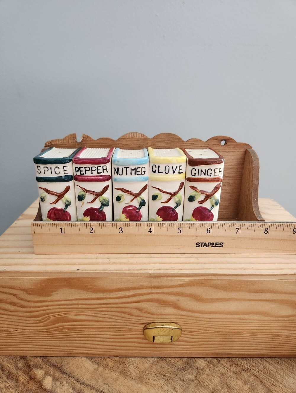 Vintage Ceramic Book Shaped Spice Jar Set with Wooden Rack - Incomplete Set - Picture 7 of 16
